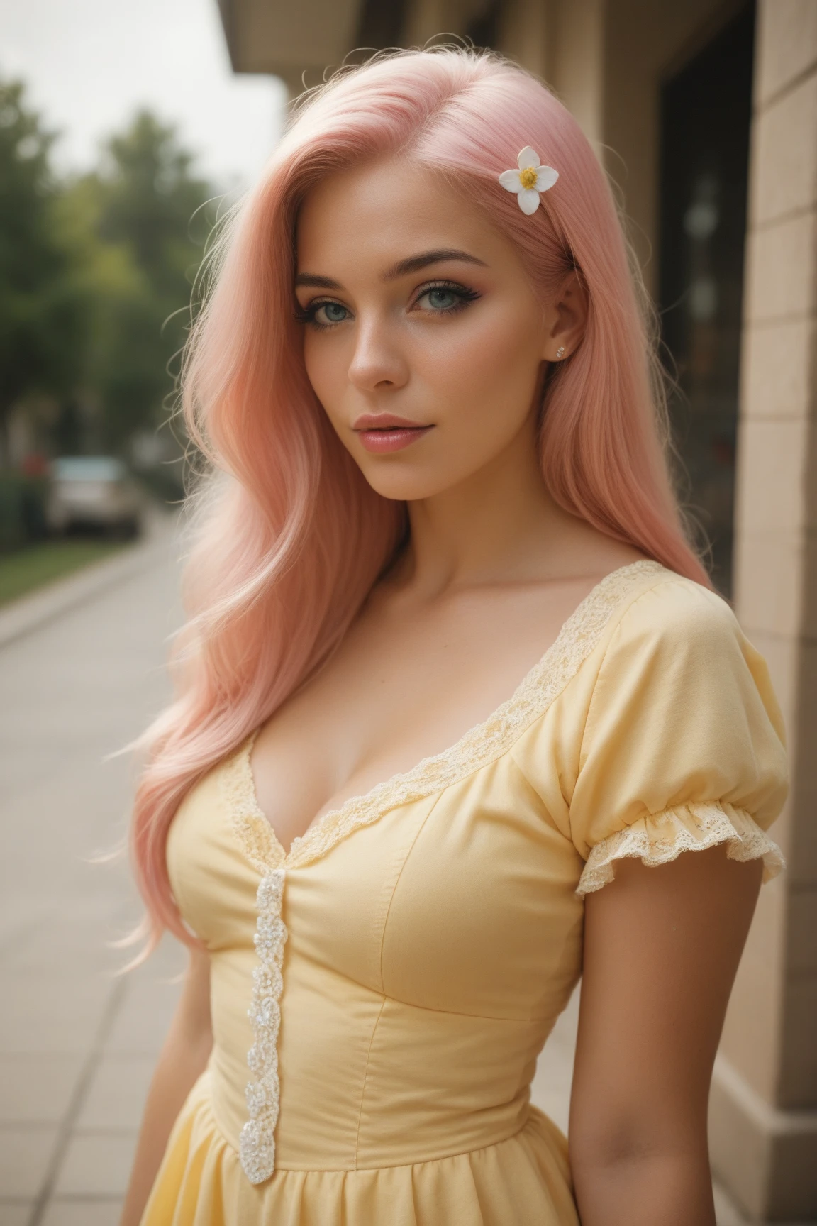 masterpiece,best quality, realistic illustration, style of Philip Lorca diCorcia, girl aged 18yo, 1girl, solo, blond-pink long hair, side ponytail, blue eyes, toned body, large bust size, big nipples, nipples visible, wearing an off the shoulder blouse, wet, hoop earrings, perfect lips, posing for the camera, cute face, vignette, highly detailed features, highly detailed body, high budget, bokeh, cinemascope, moody, epic, gorgeous, whole body photo, film grain, grainy