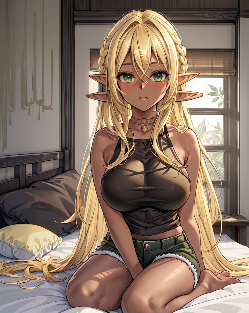 SFW (masterpiece, best quality, 32k) a youthful age girl with long blonde hair ((bright blonde hair, platinum blonde hair, white blonde hair, silver blonde hair, bangs, diagonal bangs, straight bangs, asymmetrical bangs, asymmetrical hair, straight hair)), ((ruby eyes, detailed eyes)), ((eyeliner, eyeshadow, lipstick, light makeup)), ((youthful face, beautiful face, cute face, innocent face, pretty face, naive face)), ((slightly pointed ears)), ((pale skin)), inside, indoors, stone floor, stone walls, dungeon, medieval castle, fantasy castle, room, bedroom, bed, desk, window, simple background, standing, confident pose, at-ease. ((Sleeping clothes, sleeping outfit, white tank top, thin tank top, scoop neck:1.2, tight chest:1.2, taut chest:1.2, bursting breasts:1.2, bare midriff, black panties, high-leg panties, lace panties, thong, lingerie)), ((huge breasts:2.5, enormous breasts:1.2, gigantic breasts:1.2, round breasts:1.4, perky breasts:1.3, framed breasts)), ((slim:1.4, lithe:1.4, slender:1.4, thin:1.4, busty:1.2, buxom:1.2)), ((round hips, thin waist, waspish waist)), ((long legs, slender legs)), small smile ((full lips)), calm expression, content expression, serene expression, happy expression, open eyes, large eyes, expressive eyes, head-to-waist portrait, cinematics, color oil painting, cinematic lighting, ((extremely detailed face)), ((finely detailed face)), Extremely detailed eyes, finely detailed eyes, beautiful face, beautiful eyes, perfect lighting, depth of field, (realistic proportions), (good anatomy), ((solo:1.6)), ((1girl:1.6))