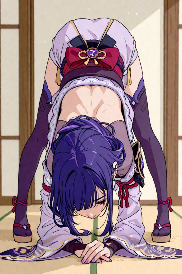 masterpiece, best quality, 1girl, 1boy, raiden shogun, long hair, purple hair, purple eyes, medium breasts, braided ponytail, hair ornament, blunt bangs, flowers, mole, mole under eye, sweat, wet, Kimono Top, Kimono bottom, Shrine background, Behind the shrine, nighttime, sex, intimate position, moaning, NSFW, Cum on, Rain