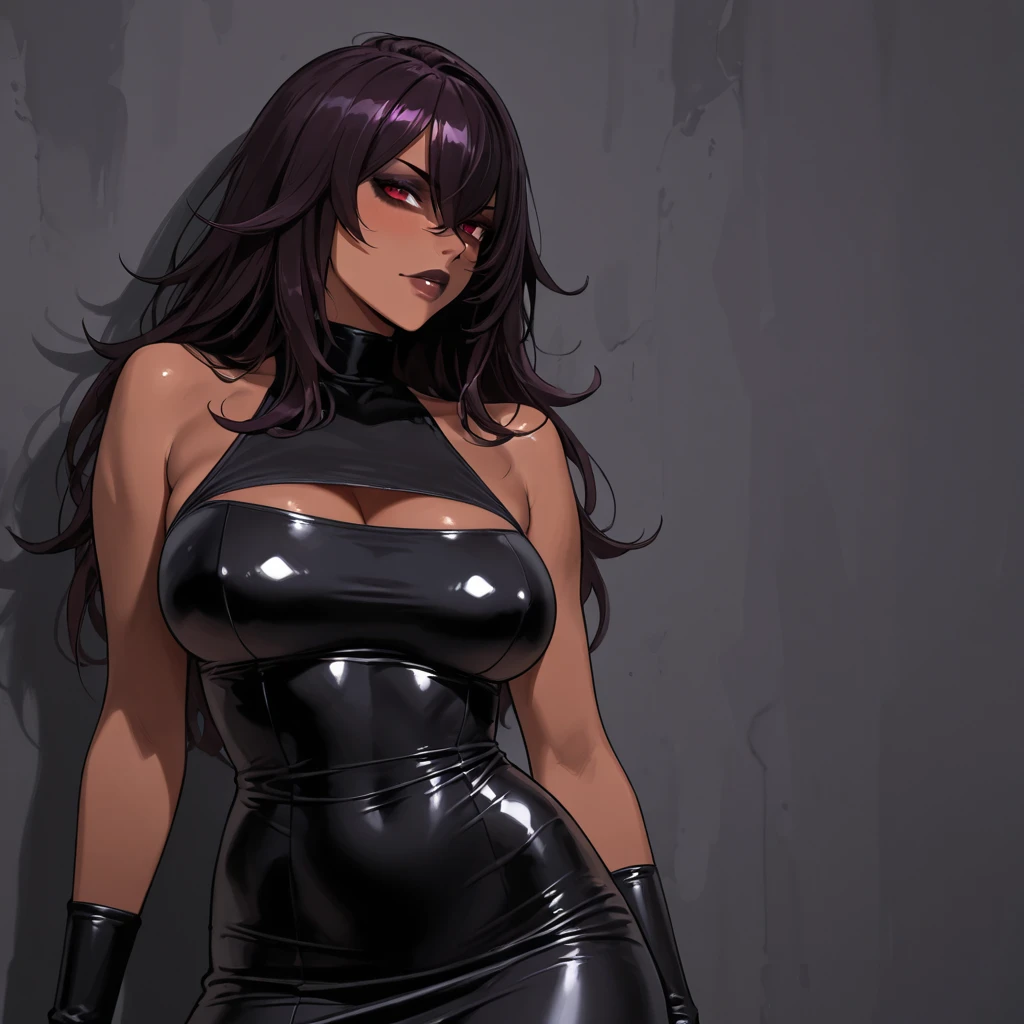 girl, With big breasts, with black spy suit, long black fur, crimson eyes, futurist, ebony dark skin.