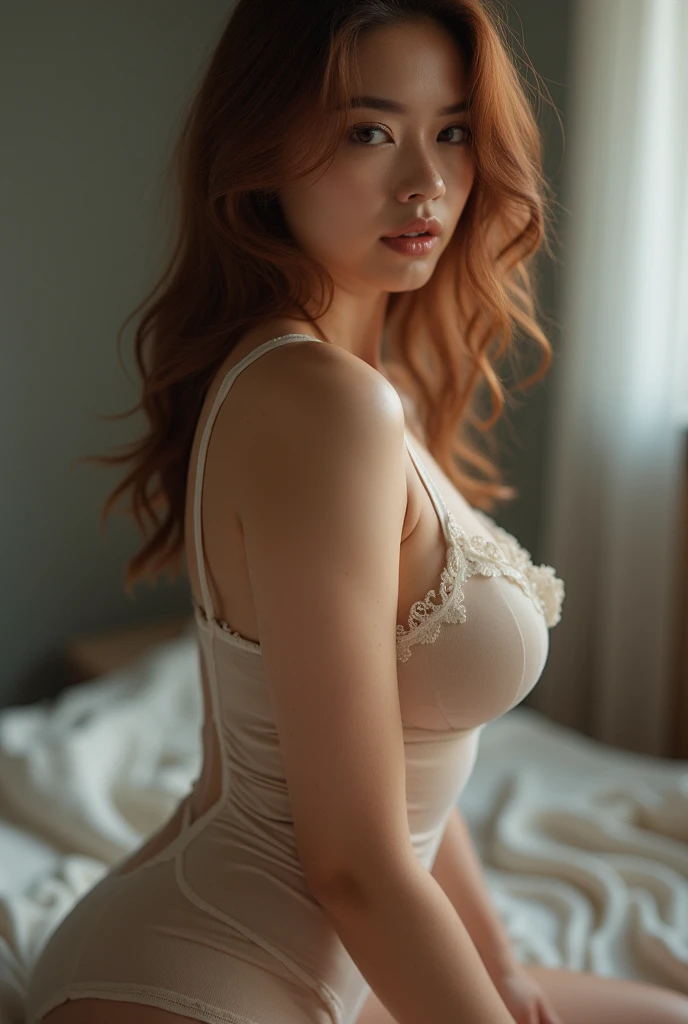 A voyeuristic shot captured a ginger-girl in a natural candid moment(With one hand She is adjusting her micro dress-lingerie string) subtly out of focus to keep the attention on the subject.
.
((Shot in with partial obstructions, like the edge of a door frame and window pane adding to the voyeuristic feel))featuring a curvy girl(very busty ginger girl), with long wavy orange-hair( cascading over her shoulders). She is 18 years old, with emerald eyes, and very pale porcelain skin(with freckles:0.76) Orange-haired girl, tightened thighs, wide hips.
She is dressed in a delicate off-shoulder satin micro dress-lingerie string(in a soft pastel pink)-which contrasts beautifully with her hair and skin tone(with intricate gold-details, and a flowing ethereal design)-(She is almost making an upskirt for herself-these outfit aim to highlight and celebrate curves, effortlessly daring girl:1.1297).
(The shot is taken from a concealed position(as if peeking through a slightly open door or window)with the girl unaware of being photographed:1.2514).
The atmosphere is intimate and private, with backlighting. The dimly lit indoor setting with hints of personal space(such as a bed, undresser, and an old floral print wallpaper, fresh flowers and a lush plants).
Kneeling(Hands clasped together in prayer, Both knees on the ground, feet together)
The overall scene has a vintage effect, faded film look, desaturated colors, 35mm photo grain, vignette, and vintage Kodachrome and Lomography effects. It includes strong shadows, hyper-realism, sharp HDR, and a sad and oppressive atmosphere. (((The color palette is dominated by soft pastels—pink/peach-color/light-green—creating a harmonious and calming visual)))-inspired by Marquis de Sade literature, with added elements of found footage horror movie effects—
