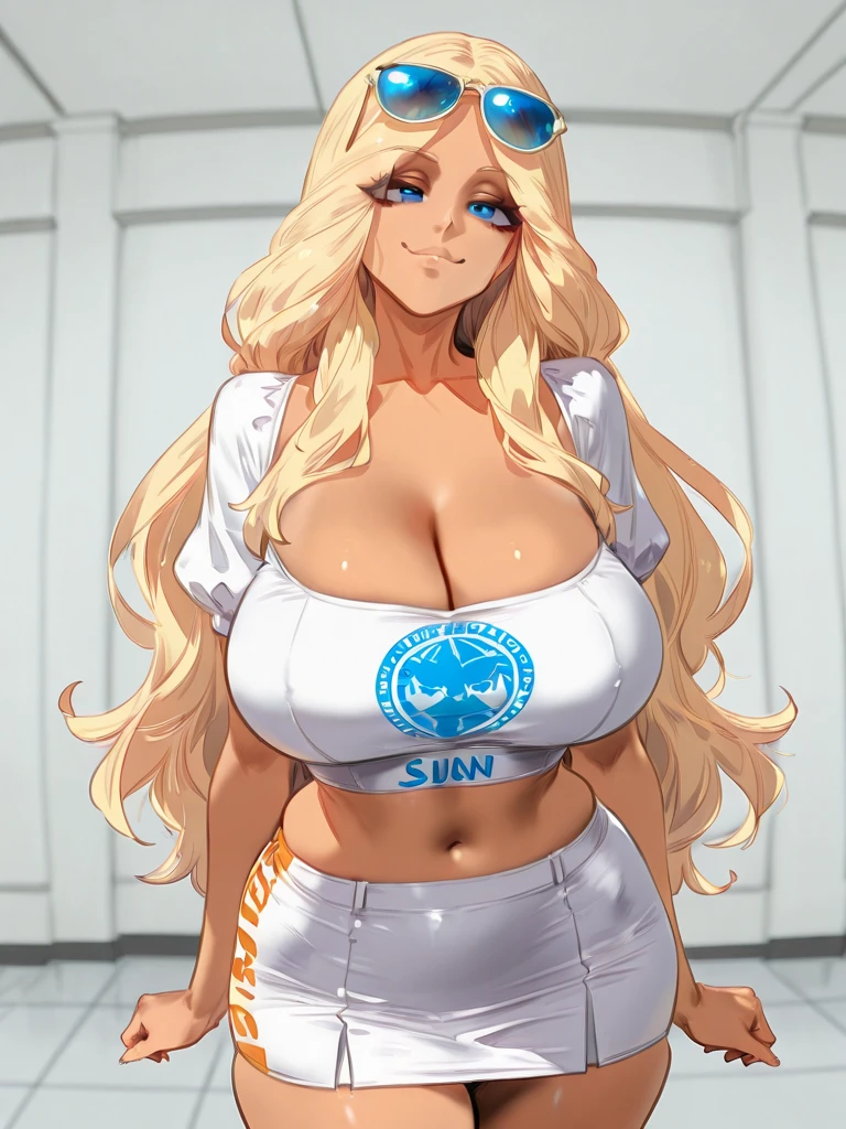 1girl, blonde hair, long hair, large breasts, thick thighs, wide hips, green eyes, smile, smirk, smug, leotard, white leotard, police uniform, white clothes, bare legs, policewoman, police hat, fox ears, fox tail, mature female, toned, hourglass figure