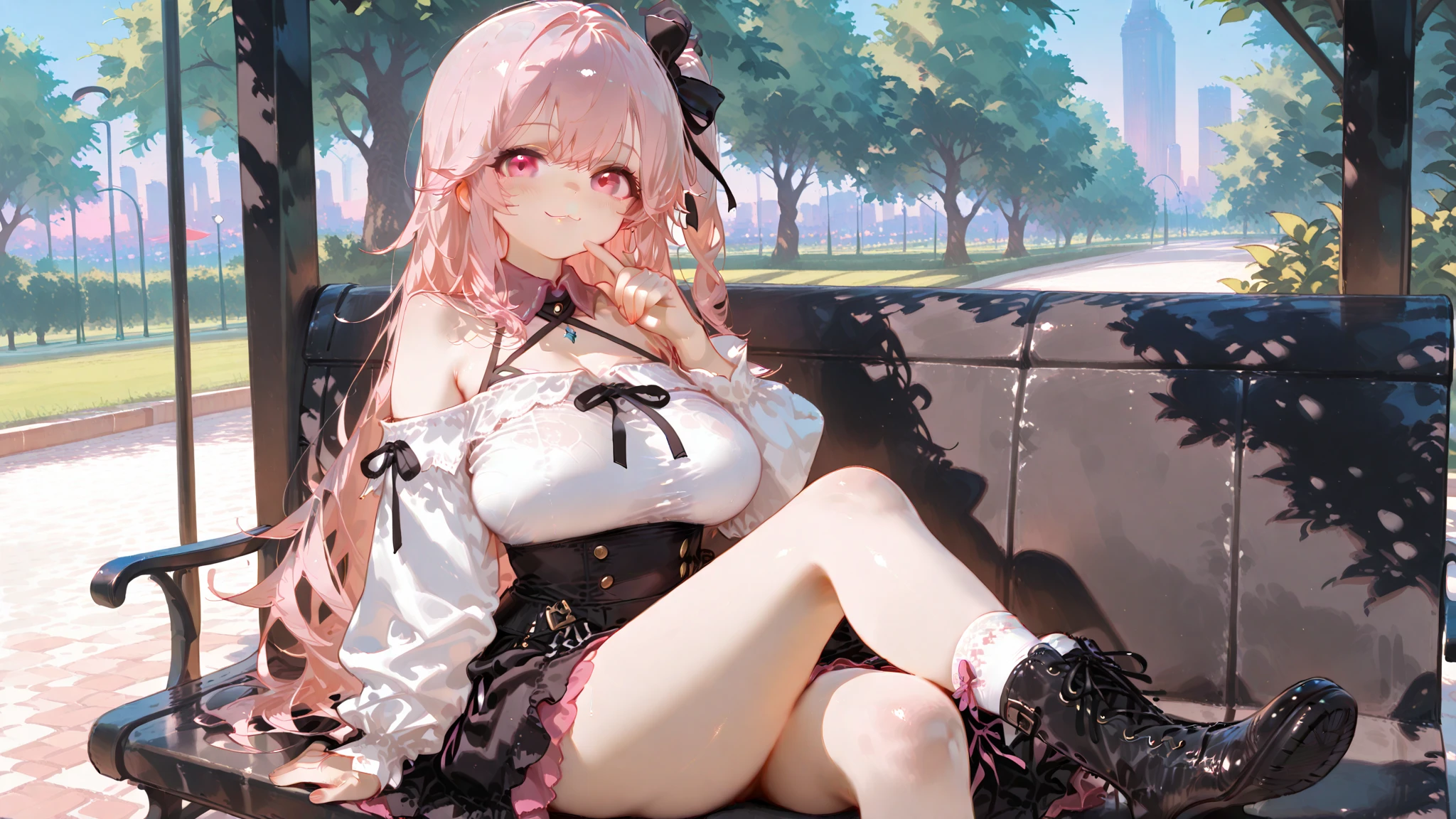with (silver and pink hair) on the grass showing her underwear, ((upSkirt)), Camel toe, sexy underwear, long white stockings, Skirt, Bedroom, ((Detailed face)), (Detailed eyes), Detailed, ((Detailed hands)).masuter piece、Cute little girl s