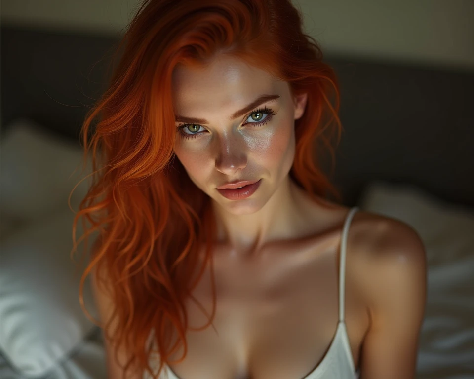 "masterpiece、1. absolute realism、 hyperrealistic photography、Light skin with Latin undertones、((Full-body representation:1.5))、(ultra high resolution)、(8k)、(Extremely realistic details)、(Long hair, redhead, slightly wavy)、(Detailed hair texture)、sensual and relaxed pose、lying on bed、sexy pose、 wearing a thong、calm and natural expression、light but genuine smile、large and expressive eyes、Green eyes with depth、Long and natural eyelashes、Soft bedroom lighting、Warm natural light、 Direct gaze into the camera with warmth、 Toned and healthy body、slim and defined waist、Cozy and intimate bedroom setting、 Relaxed and inviting atmosphere、minimal clothing to highlight physique、((minimal neckline:0.1))、Fresh and natural look without excessive makeup、Realistic skin texture with pore details and natural highlights、Naturally hydrated lips、soft shadows created by bedroom lighting、 subtle Latin features