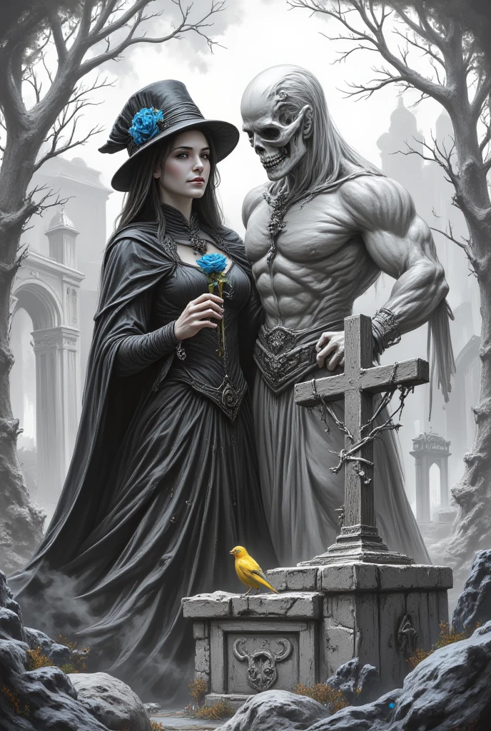 ((best quality)), ((masterpiece)), (detailed), (realistic), cinematic, dynamic lighting, (detailed background), depth of field, intricate, 8k, detailed skin, detailed face, subsurface scattering, realistic eyes, photo of a handsome man, (necr0mancer:1.2), wearing intricate necromancer robes, man embracing a (skeleton) from behind, bones, skull, ribs, (1other), 1boy, flower, dynamic pose, graveyard, outdoors, night, moon,