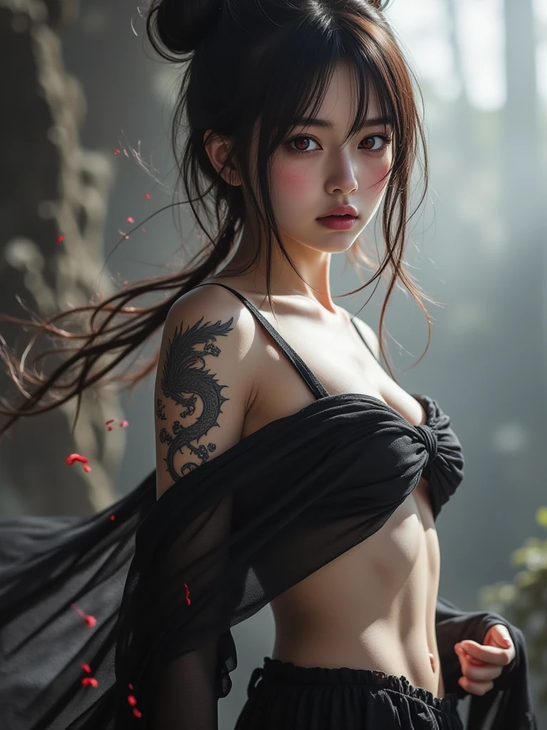 (masterpiece),4k, (ultra realistic), (best quality), (high detailed face),sexy, 1girl, a beautiful girl near the river, slim, (full naked body), (flat chested), (black stocking), (front view), (ultra detailed body), (ultra detailed hair), (high detailed hands), photorealistic, (protrait), (body painting: 1.4), (pubic hair)