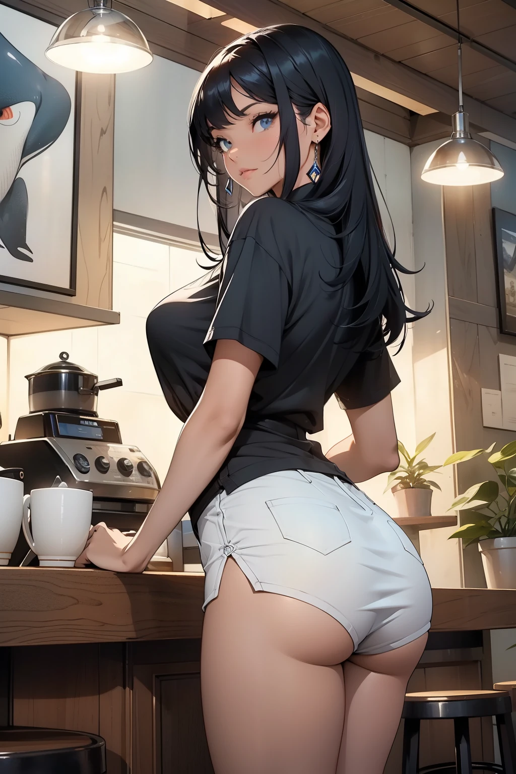 masterpiece, 1girl, Amazing Cleavage:1.3, thin waist, big ass, Raised sexy, small breast:1.0,posed cleavage:1.2,solo, looking at viewer, open mouth, have a cup of coffee,black hair, red eyes, dress, bare shoulders, jewelry, collarbone, sidelocks, hairband, earrings, indoors, off shoulder, :o, sweater, arms behind back, plant, short hair with long locks, white hairband, off-shoulder dress, sweater dress, off-shoulder sweater, red sweater, big side hair, very long side hair,is rendered in (masterpiece: 1.2, best quality), with (ultra high resolution) and an exquisite (depth of field). This masterpiece is not only visually stunning but also tells, make of cooking some cakes ,in the kitchen
