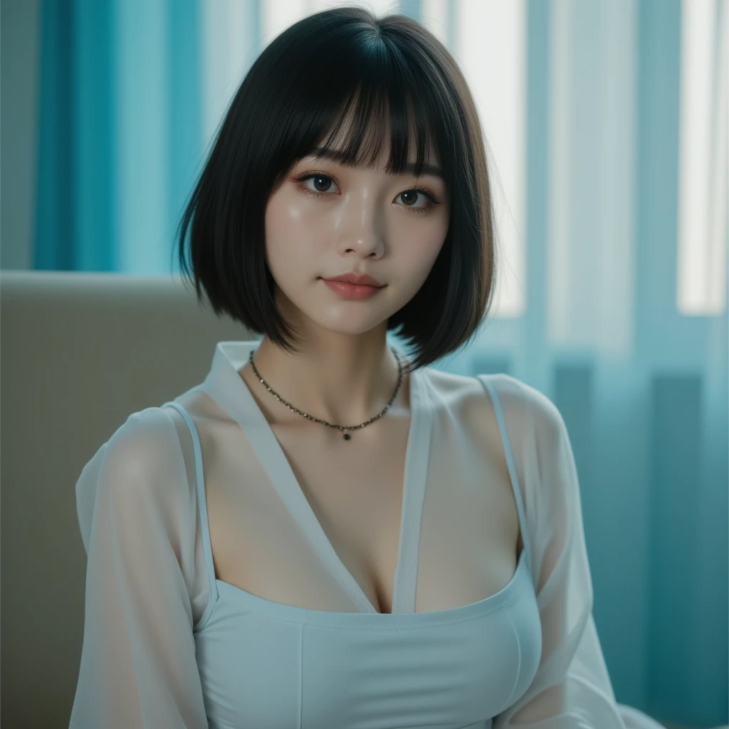 (Highest quality、、32K、masterpiece、Highest quality、Realistic))、((Best Quality)), ((T Masterpiece)), (detailed:1.4), 。.。.。.3d,Front Fill Light,Ticker(High Dynamic Range),Ray Tracing,nvidia RTX,Super-resolution,Unreal 5,Subsurface Scattering、Depth of written boundary、Best clarity and sharpness,8k,Highest quality,Accurate simulation of light and material interactions、Perfect proportions、Rendering with Octane、Two-color light、White balance、The rule of thirds、8k生データ、Black Hair、Short Banged Hair、Small breasts、(Selfie、See through:1.3)