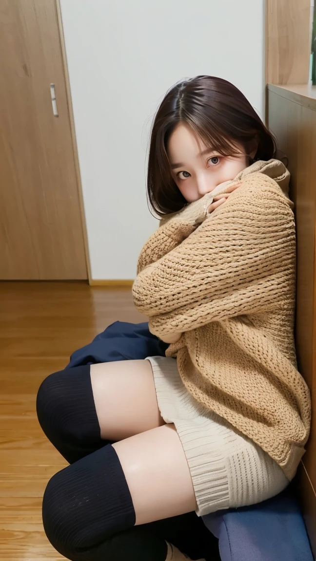 ulzzang -6500-v1.1, (Raw foto:1.2), (Photorealsitic:1.4), a beautiful detailed girl, extremely detailed eye and face, beatiful detailed eyes, Ridiculous, unbelievable Ridiculous, huge filesize, ultra-detailliert, hight resolution, ighly detailed, top-quality, ​masterpiece, Kemomimi, ((Wearing a scarf around your neck)), ((black puffy down jacket)), (((Japan schoolgirl uniform))), illustratio, ighly detailed, nffsw, unification, 8k wallpaper, astonishing, finely detail, ​masterpiece, top-quality, Highly detailed ticker uniform 8K wallpaper, face lights、Cinematographic lighting、4-girls、sixteen years old、(witheout panties)、((dynamicposes)))、(camel's toe)、(half)、(Crooked knees and legs sitting)), ((Loose socks))