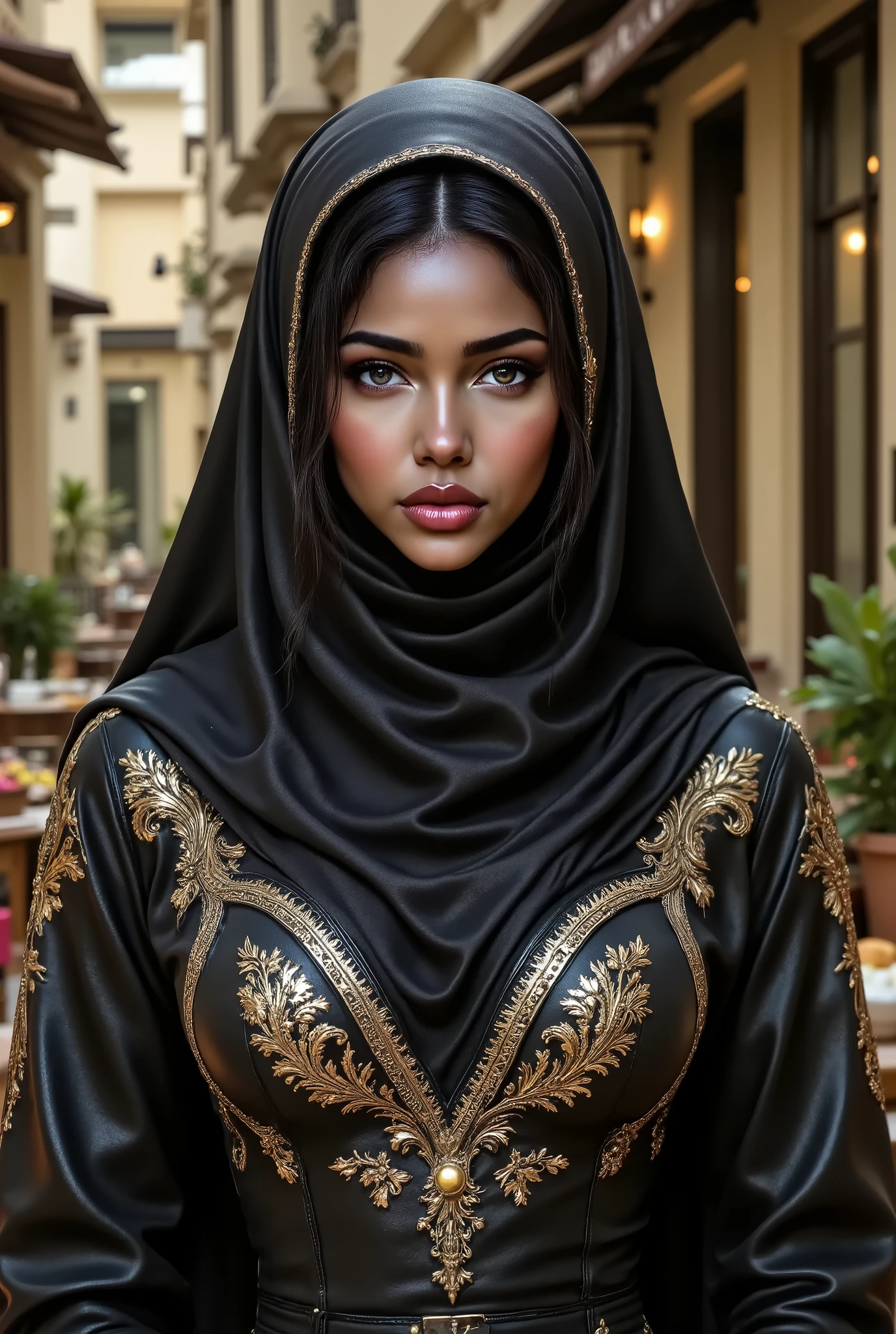 gorgeous woman, professional, (4k photo) by (Jeremy Lipking:0.3), (Dittmann Anna:0.3), (Arian Mark:0.3), (Sharp focus:1.3), (beautiful woman:1.3), wearing (leather hijab, leather abaya with intricate gold details:1.2), perfect make-up, striking, mesmerizing eyes, beautiful detailed face, standing in an arabian medieval marketplace
