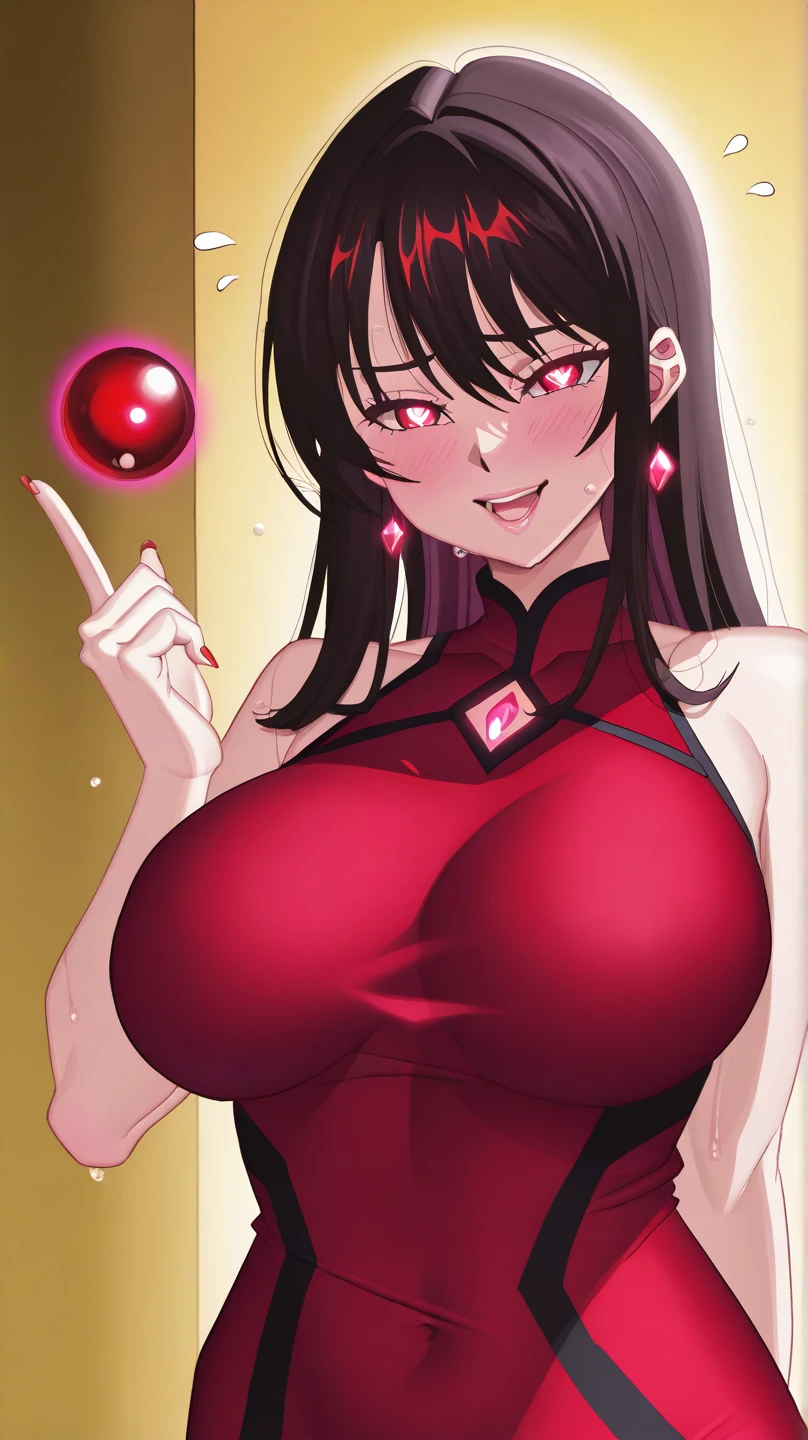 Adult female, milf, busty, hidden hourglass figure, sexy red dress, messy and long black hair, golden yellow irises, defined black pupils, passionate, blushing, yelling, casino, poker table, playing poker badly, night, perfect eyes, highly detailed, best detail, high quality