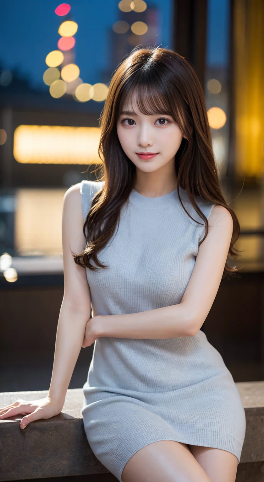 On the table, best quality, number, Very detailed, Finely, high resolution, 8k wallpaper, Perfect dynamic composition, Beautiful and delicate eyes, Natural lip shape, Large Breasts, Casual sexy pose,RAW photos,Lovely,Smile、Bodycon knit dress、Large Breasts、Brown makes your chest look beautiful