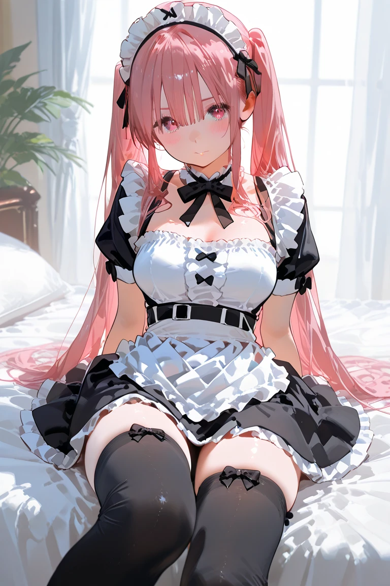 ((masutepiece+Best Quality+High resolution+Illustration 1.3+Ultra-8k)), 1girl in, ((Detailed body)) ((alluring face)) ((long snout)) ((Long facial structure)) (Sharp eyes) ((Red Eyes)) ,Soft skin, Indoor, laying on the bed, Looking at Viewer, maid girl, Detailed body, long red hair, Detailed eyes, ((detailed shadow)), Lighting, Detailed, Focus, Hand Detail Night Light,Beautiful and perfect legs, Clean and perfect hands (hands between legs), maid uniform, (white stocking)