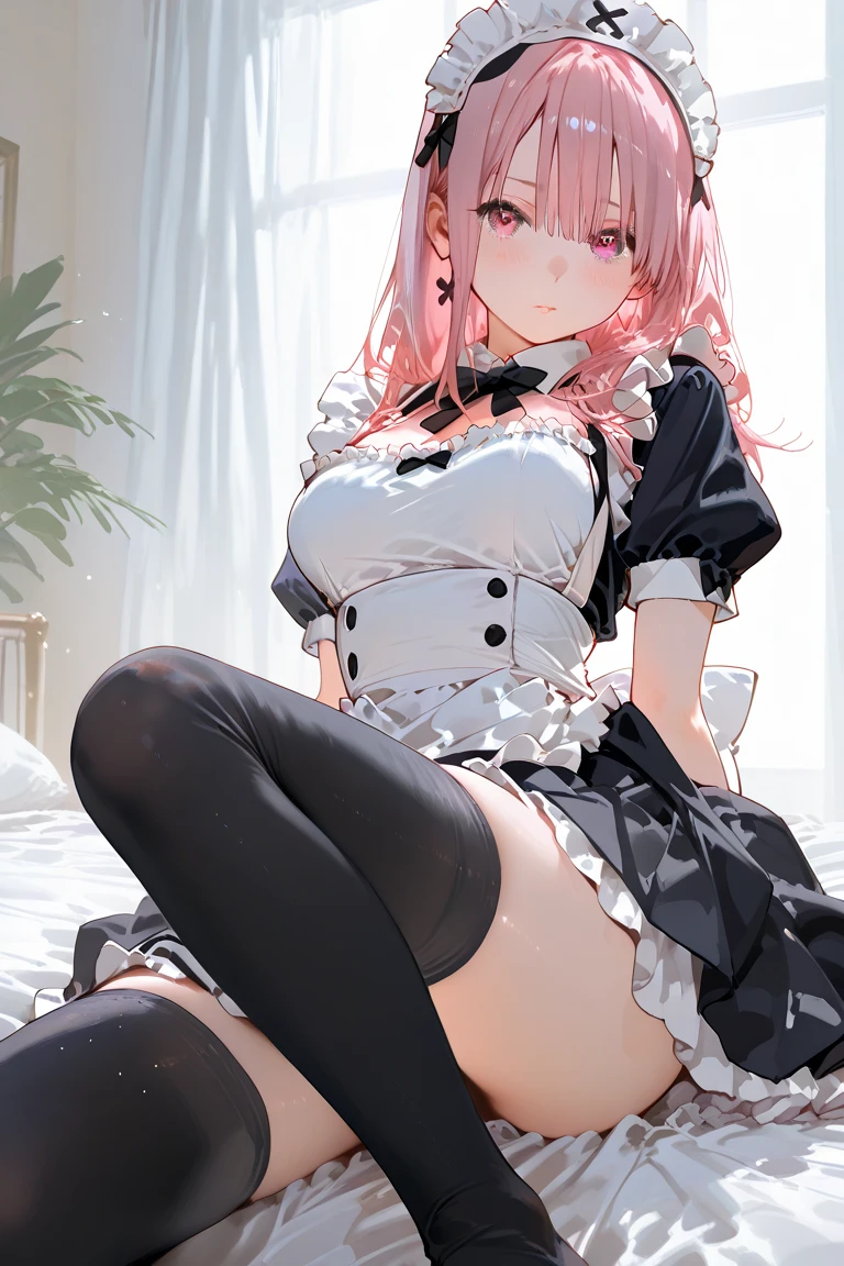 ((full body photo, feet on the ground, straight body)) (Laura: woman, big breasts); ((black maid underwear with white parts/extremely tight on the body)); she's inside a hotel room with a window, tonight, the (window is open:1.3), she's in front of the window, catching a wind in her body, (extremely sweaty body:1.5), she's (extremely exhibitionist:1.0), has (very short straight pink hair:1.5), (blue eyes:1.5), she's smiling, looking at the viewer; Anime style, masterpiece,, High detail, anime, 16k, UHD, retina, retina, ccurate, anatomically correct, textured skin, super detail, high quality, award-winning