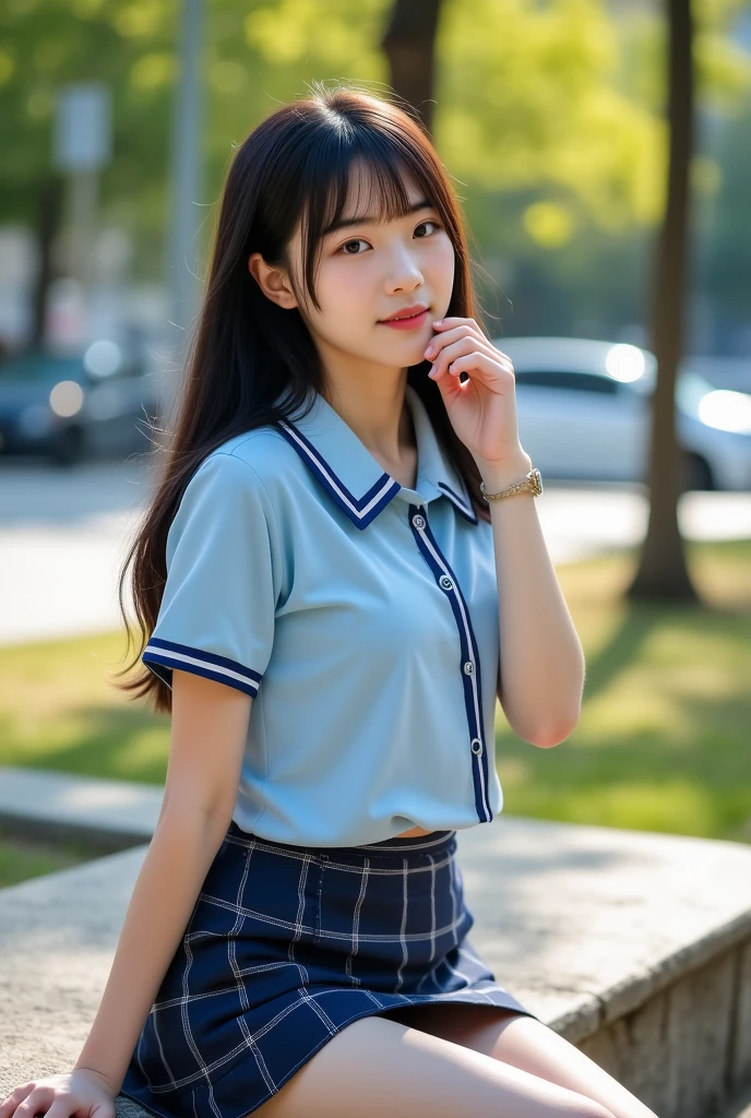 (8k, raw photos, best quality, skill:1.3), (realistic, photo-realistic:1.37), (looking for audience:1.331), (long auburn hair), condescending, tokyo road, night scenery, cyberpunk city, soft light, 1 girl, Very beautiful face , perfect body proportions, (small face: 1.1), slender chest, His hair is thin., flowing white border.,Casual hairstyle, smile, Big eyes, (School uniform slip and short skirt), Mix 4, Detailed eyes