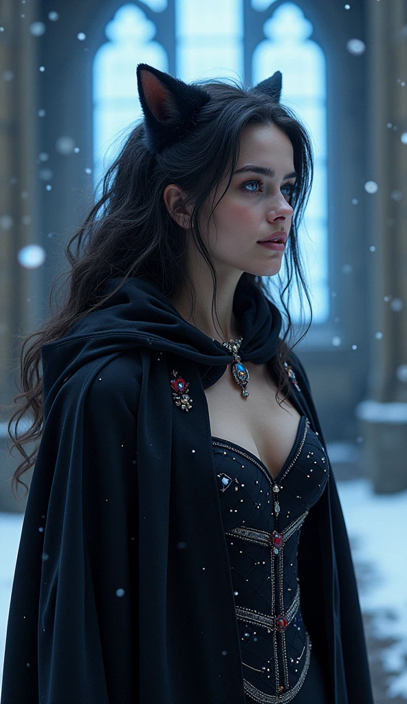 mature, evil, middle-age, long black hair and blue eyes, detailed face, beautiful face,cleavage, curvys, tall, chubby, dress with cape, desing with christian cross ,background in snow in prussia
