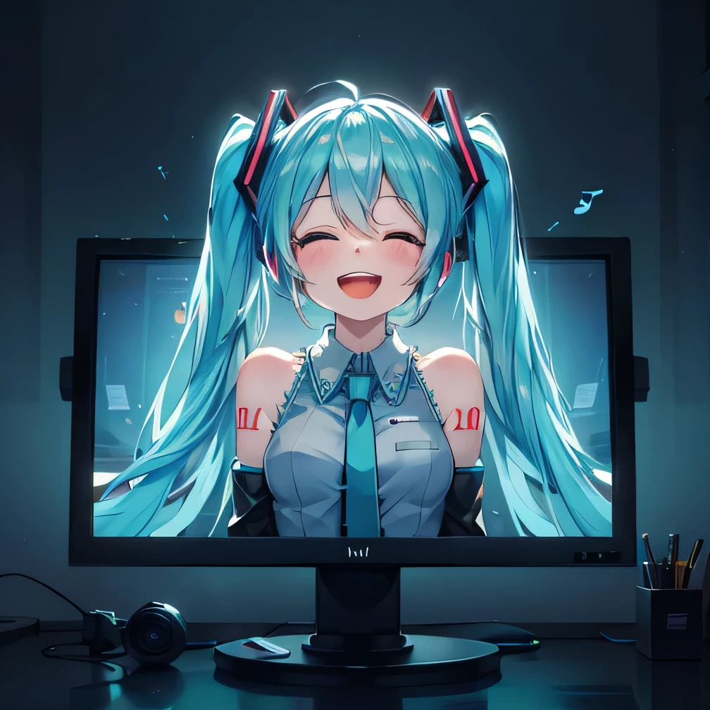 upper body of Hatsune Miku, emerging three-dimensionally from a monitor into the real world, cheerfully singing, bursting joyful smile, musical notes, many musical notes