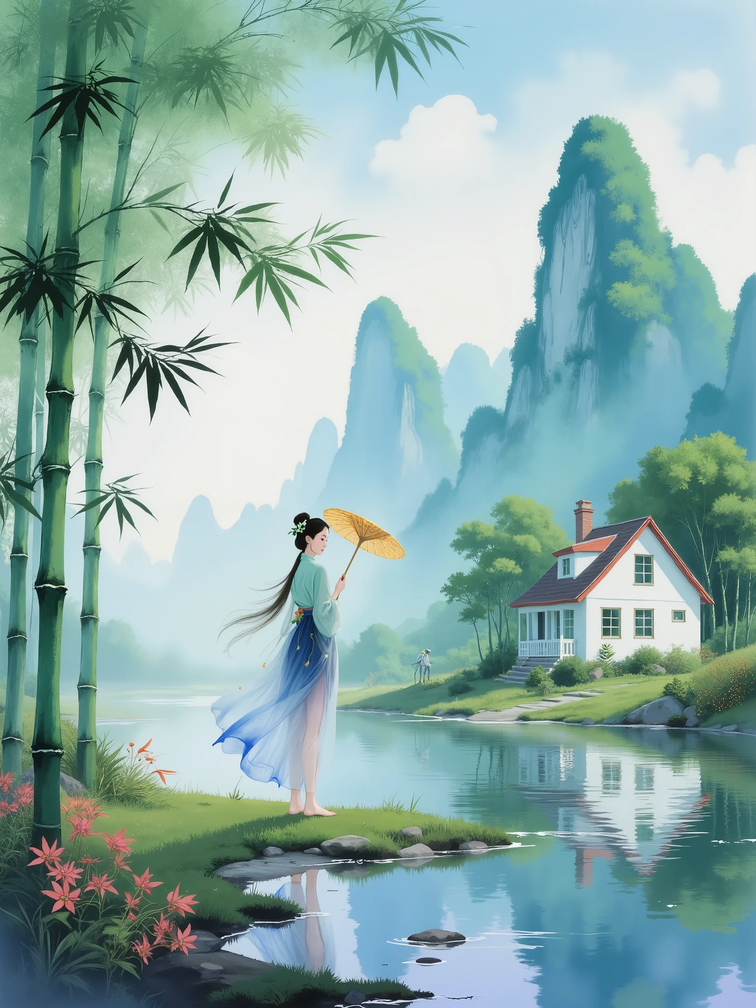 a small village by the river,Mountains in the background,Flowers in bloom,brightly colored, Detailed Scenery , Beautiful natural landscape ,Mood lighting,Scorching sunset,Warm colors, Detailed Leaves,Complex buildings,highly detailed, Charming country house ,with swirling bright colors,dense vegetation,Still water reflections,Picturesque,Leisure and tranquility,artworks,best quality,8k, Extremely Detailed,anime style