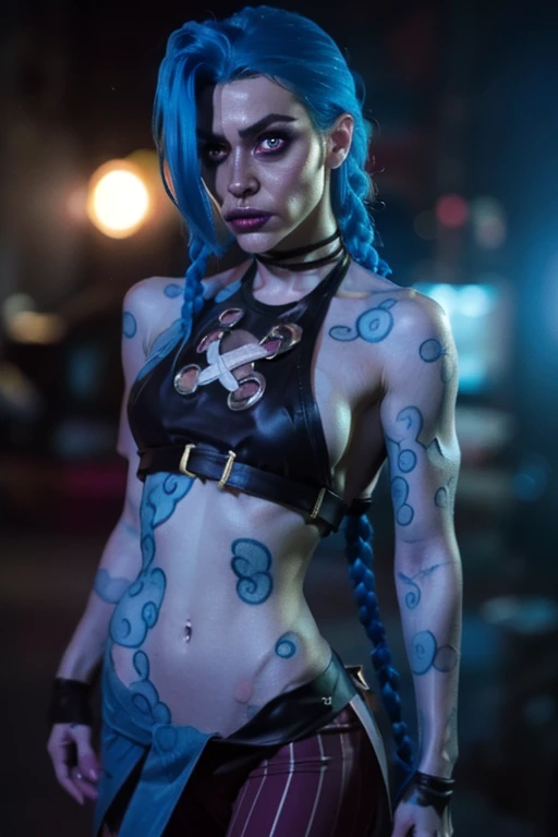 Hyper realistic super detailed Jinx cosplay , ((Young girl, 15 years old)), Very detailed, (hyper realistic: 1.4), in dynamic pose, (((angry face))), twin braids, long hair, blue hair, red eyes, tattooed, ((skinny Body)), ((angry face)), arcane style. ((Grunge Neon grafitti background,  cinematic lighting)).