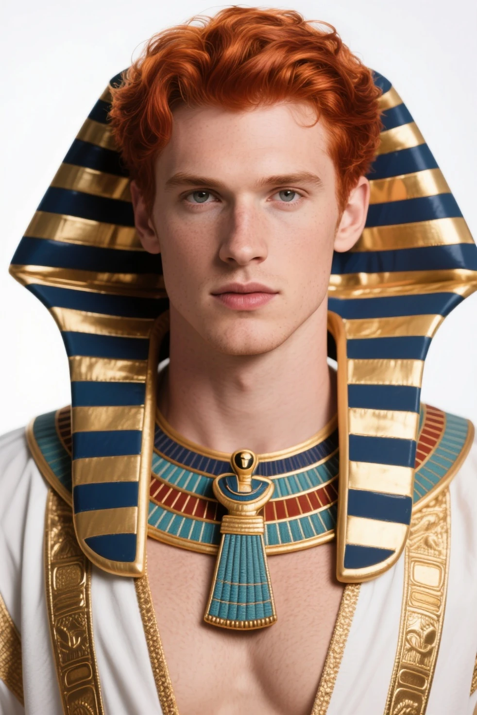 an attractive man with short red hair with an even parting, pointed ears in full height, a pale face, an attractive appearance, ((straight hair with an even parting)), lean body, ((short hair)), a daring look, the image of a seductive man dressed in ancient Egyptian clothes, stripped to the waist, cheeky look, insolent look, circles under the eyes, ((thunder and lightning in the background)), god seth, in full growth