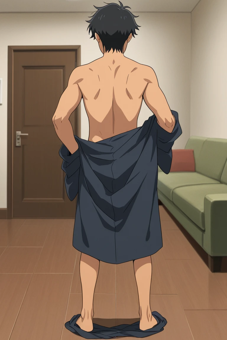 1boy, buzzcut,black eyes, muscular, collared shirt,white long sleeve shirt button, gray pants pulled down, undressing pants, parted lips, looking at the viewer, bedroom, cowboy shot