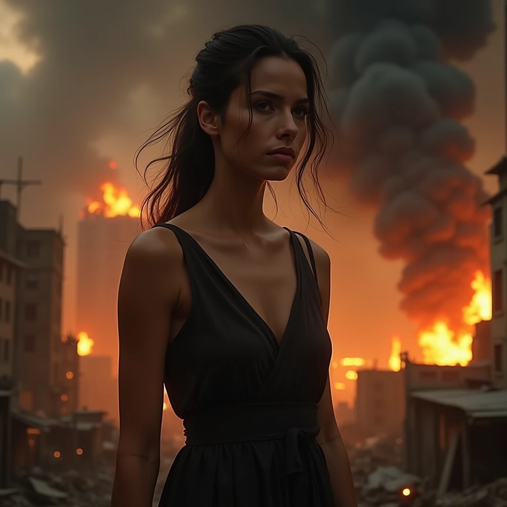 close up, (front view:1.2) of a graceful female, centered in frame, (sad:1.3), intricate white dress, walk on decrepit street, destroyed buildings, dark sky, active fires in background, volumetric fog, subsurface scattering, ambient occlusion, post apocalyptic, ruins of war, fire, smoke, (bokeh:1.4),