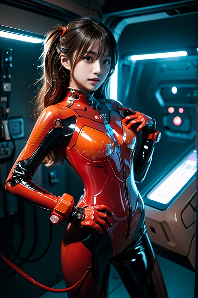(1 Mechanical Girl)、(Mystical expression)、top-quality、masterpiece、超A high resolution、(Photorealsitic:1.4)、Raw photo、女の子1人、glowy skin、(((1 Mechanical Girl)))、(Red Metal Bodysuit)、(alien background、futuristic alien background)、(Small LED)、((super realistic details))、vertical giant monster background),globalillumination、Shadow、octan render、8K、ultrasharp、机器人、Colossal tits、Raw skin exposed in the cleavage、red metal、Details of complex ornaments、Japan details、highly intricate detail、Realistic light、(Mystical expression),CG Society Trenlow Eyes、Eyes shining towards the camera、Mechanical marginal blood vessels connected to neon detail tubes)、(Wires and cables connecting to the head)、Small LED、,Mechanical thighs、Toostock、(Hands are also made of machines.traces on the cliff)、机器人、future alien、Please wear a mechanical helmet、