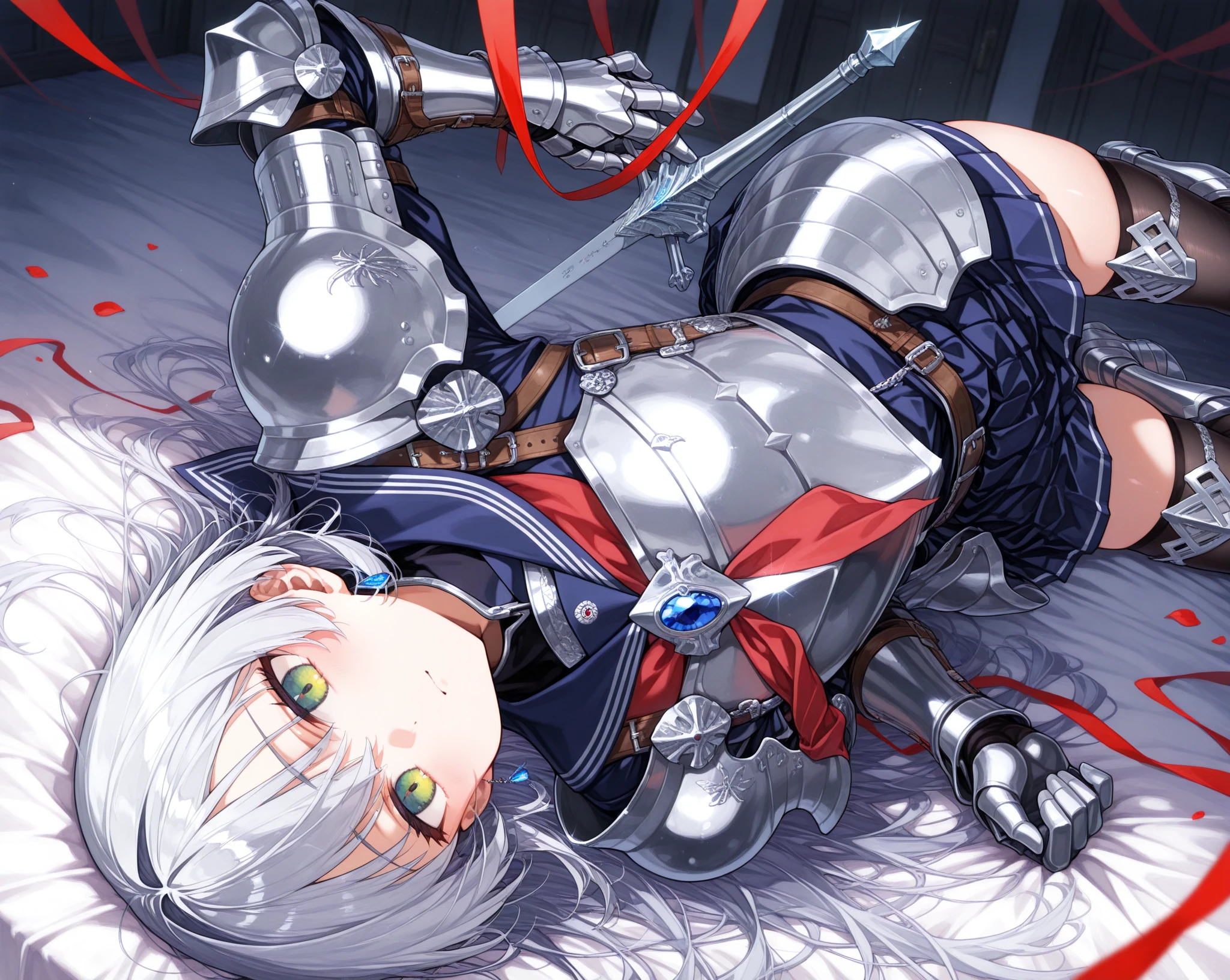 score_9, score_8_superior, score_7_superior, sauce_anime,
shadowbeta, beta, short hair, blue eyes, Braiding, Grey Hair, Painful expression,
gloves, Cleavage, armor, Clothing cutouts, Cleavage cutout,Tied up with rope,gag,Lying down,Struggling,