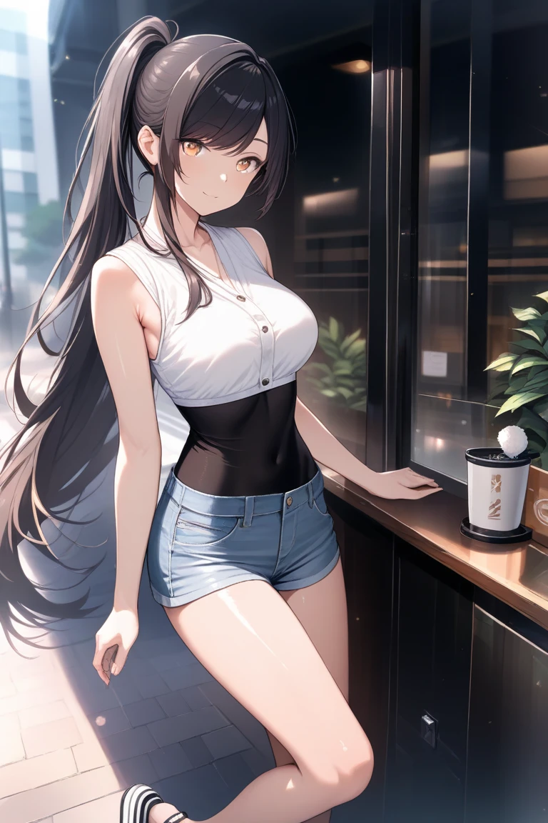 (realistic, very high resolution: 1.3), 1 girl with perfect figure, super thin face and eyes, shy, black hair, long hair, big breasts, Tank top: 1.2 in random colors, black top, ripped jeans, standing , in a coffee machine, tables and chairs in the background, perfect background scenery