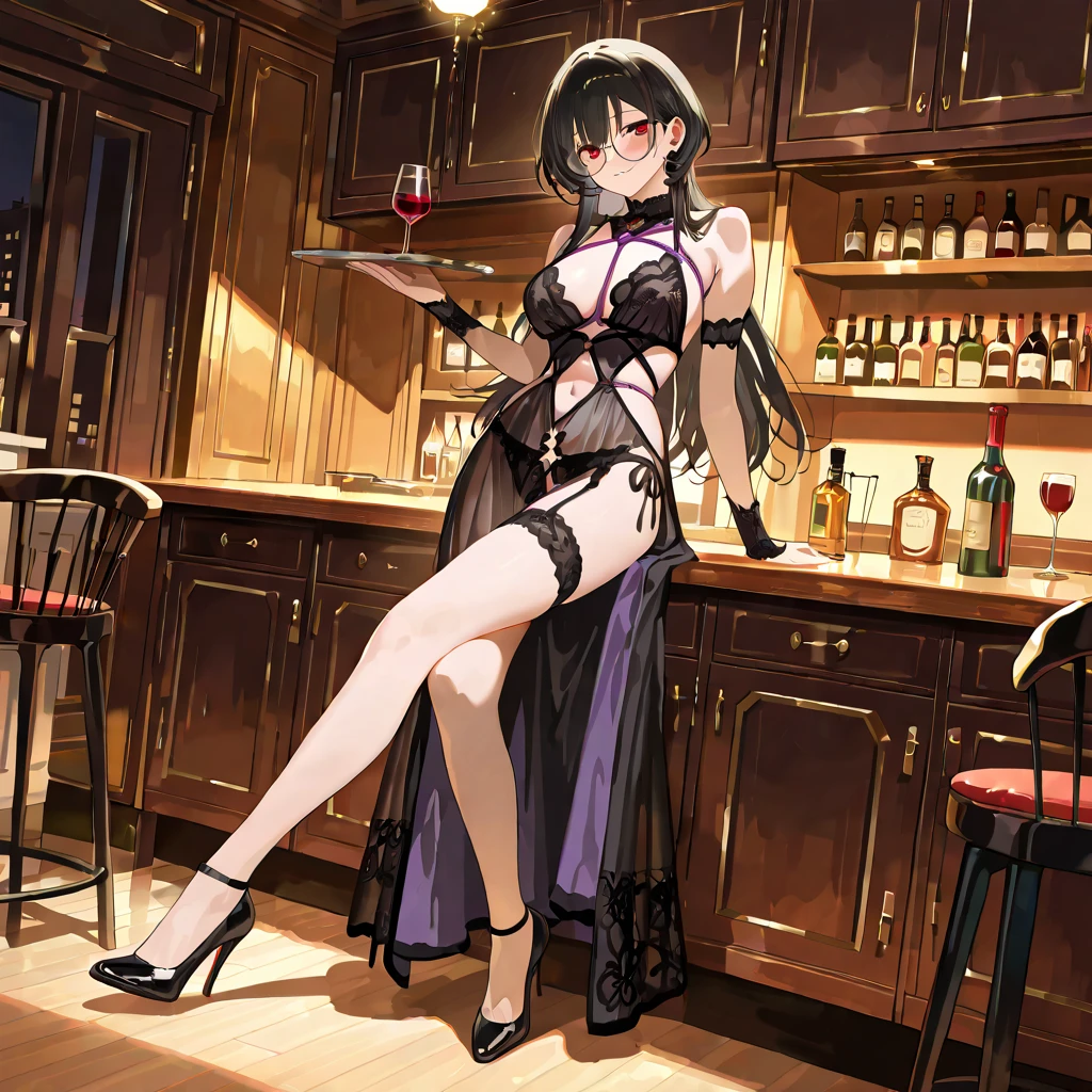 cabelos preto e longos,sexy dress,black pantyhoses,without wearing shoes