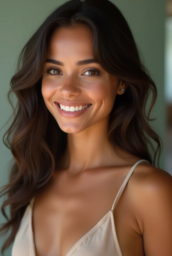 A heavenly and incredibly beautiful Asian Indian. Sua pele beijada Pelo sol, Captivating honey eyes, and flowing brown hair immediately catches the eye. The portrait appears to be a high resolution photograph., capturing every detail to perfection. Her red lips are full and attractive, It exudes a seductive charm. The overall image quality is exceptional, natural with impressive details. an identical woman, Face, Pelo. A beautiful smile. She is naked in a motel, very sexy.