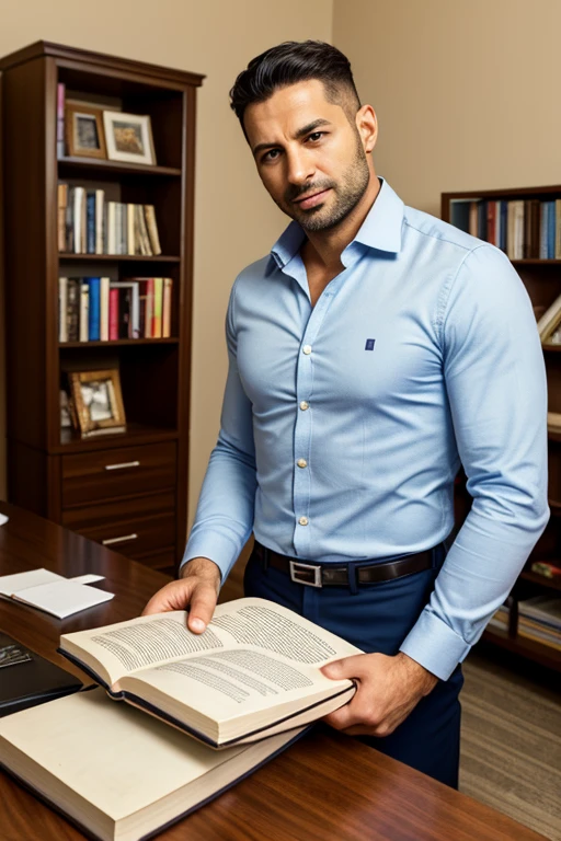 There is a man who is sitting on a couch in an office full of books, 38 anos, 3 6 anos, (38 anos), 4 0 anos homem, 3 2 anos, 3 5 anos, 35 anos, 45 anos homens, 2 9 anos, 2 7 anos, 4 5 yo,