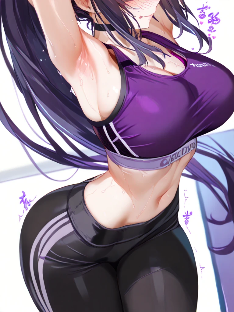 masterpiece, absurdres , (intricate details), (colorful),cinematic lighting,bust shot,extremely detailed CG unity 8k wallpaper,1girl, solo,mature female, arm up, looking at viewer, sports bra, locker room,cowboy shot, Long straight violet hair, violet clear eyes