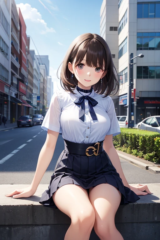 very cute and beautiful girl,(Very detailed美しい顔), (smile),blush,Black Hair,Seraphim,(White Shirt、Pleated navy blue pread your legs),Sitting、(From below),(Lacy white panties), Stairs in the park、Distant Tree々and the city, (Highest quality,masterpiece:1.0),Absurd,High resolution,Super detailed,Very detailed,32k,8K resolution, Intricate details,Movie Scenes,Detailed Background,alone,Dynamic Angle,