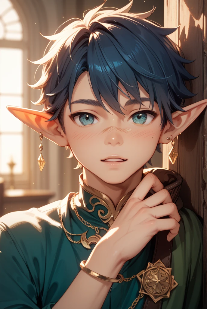 A small shota,whaite hair,Green eyes,short detailed hair,Elf ears,,quadratic element,borgar,Abs,Perfect quality,Clear focus,extremely colorful,Handsome cute perfect face,Complicated details,ultra-low perspective,wide wide shot