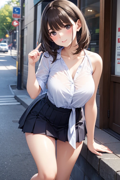 1 Girl, blush, cosmetics, Blue school uniform, whole body, Wide Angle, from above, garden,Light, glow, thigh , clavicle, Willow Waist, (On the table), wallpaper,Wet、Micro bra that can be seen through clothes、Black short hair,Smile,greet,Hairpin,low collar,ditch,(((,pray))),Under the cherry trees,Heart-shaped neckline,Chest dew,Lend a helping hand,Blue and white school uniform