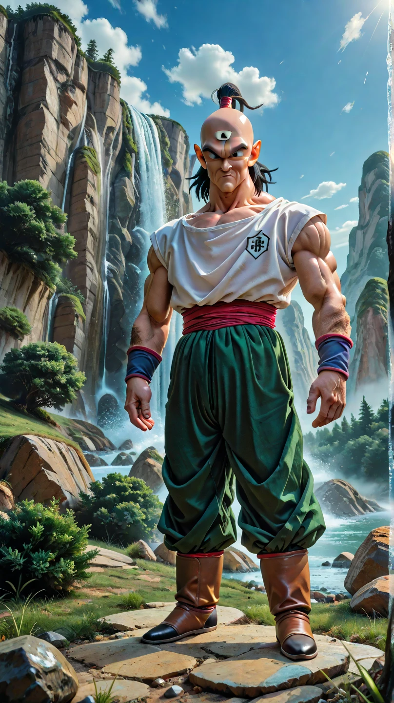 (8k, best quality, masterpiece:1.2), (finely detailed),solo, detailed illustration,intricate, a ((bald:1.3)) tien with black eyes a third eye  wearing green pants green wristband black shoes and red sash,flying,hovering, indian style, topless, ((meditating under the water  at waterfall))