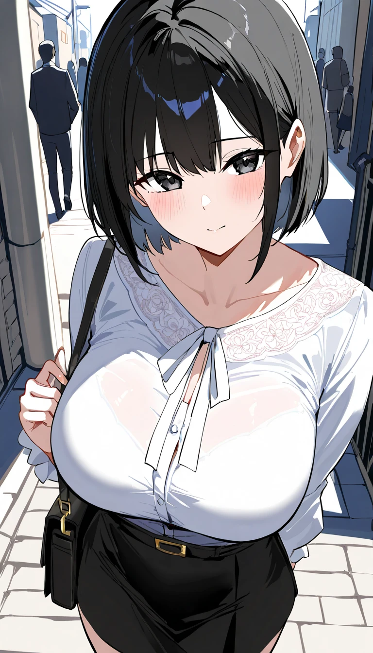beautiful, masterpiece, highest quality, highly detailed face, perfect lighting,1 girl, alone, white sleeveless shirt、black skirt, Office lady、While drinking a can of beer、drunk、drunk woman、bright red face、outside the door、in front of the door、I have visited、late night、midnight、dark、Through the gap in the door、drunk girl、young office lady, Straight black berry short cut hair、okappa hair、heavy makeup、big breasts、big cleavage、black shiny tights、((steam,sweat)), Vulgarity、slender body、thin waist、thin limbs、small face、sexy face、Angle from above、