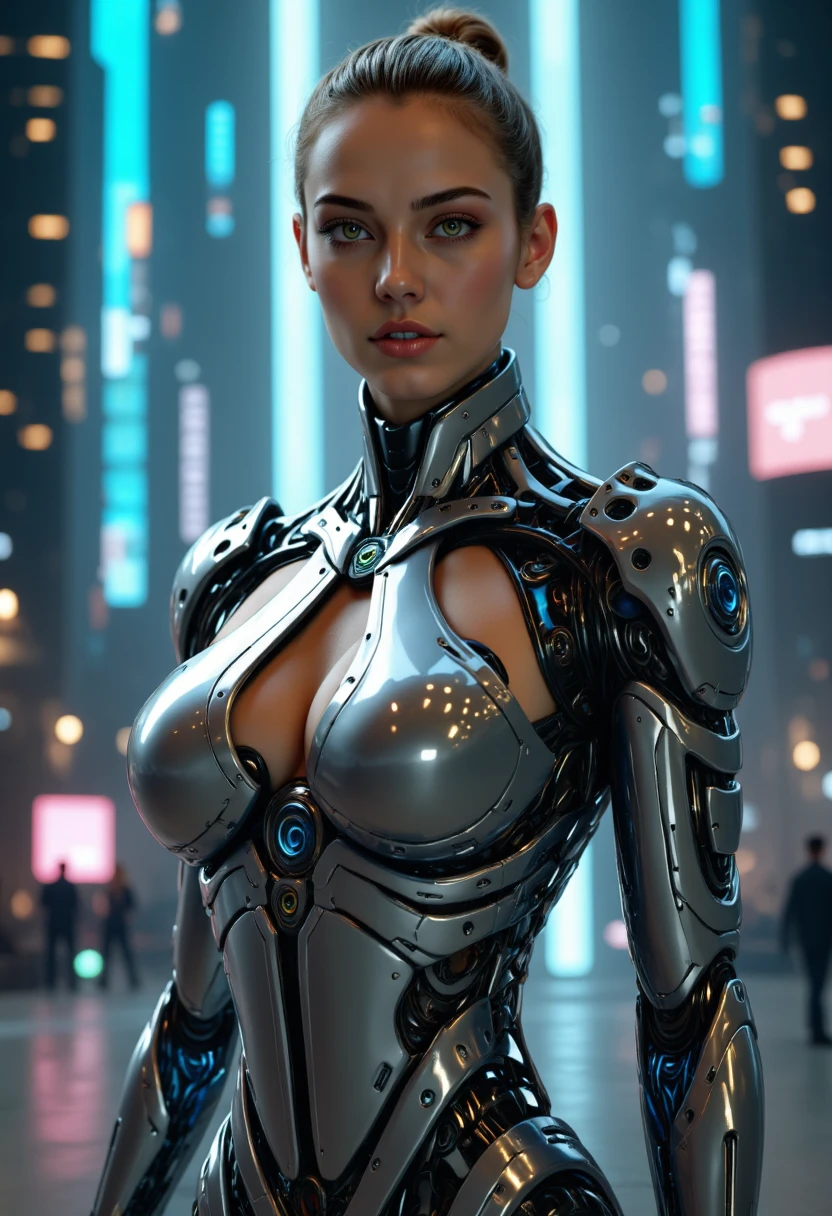 Like Pamella Cristiny, realistic photography, photorealistic, realism, contrast, photography, masterpiece, cyborg, cyberpunk, ethereal beauty, ethereal, ultra realistic, 3d, 3d rendering, porcelain, Best quality, human anatomy, real hair, short hair, Asymmetrical Cut Hair, moving hair, huge breasts, human anatomy, posing for photo, translucent, (ethereal, Dream), formidable, 8k wallpaper, Realistic Textures Dramatic Lighting, Trending at Art Station Cinestill 800 --auto