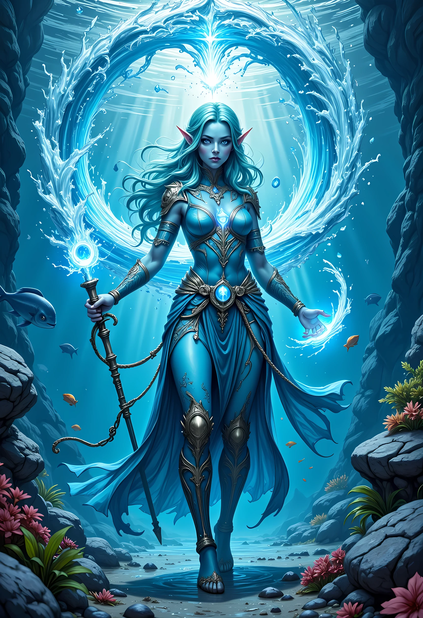  a picture of a sea elf, a water mage casting ((water control spell)), water wizard ((water magic, intense magic details)), controlling a swirling mass of water, magical symbols, female sea elf, blue skin, green hair, long hair, swirling hair, intense eyes, small pointed ears,blue eyes, glowing eyes, armed with magical wand, wearing sea shell clothing, beautiful elf, underwater background, rich underwater life, magical atmosphere, fish and sea weeds high details, best quality, 16k, [ultra detailed], masterpiece, best quality, (extremely detailed), dynamic angle, ultra wide shot, RAW, photorealistic, fantasy art, dnd art, rpg art, realistic art,, high details, best quality, highres, ultra wide angle, zavy-ctcmcs, w1n, hyp3rd3tail style,