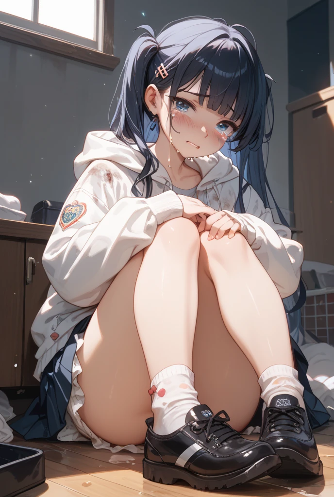 1 girl, sitting, socks, no shoes, looking at viewer, smiling, sitting on floor, black socks, (sketch:1.25), best quality, (((perfect feet))), multicolored hair, high res, masterpiece, supersharp,