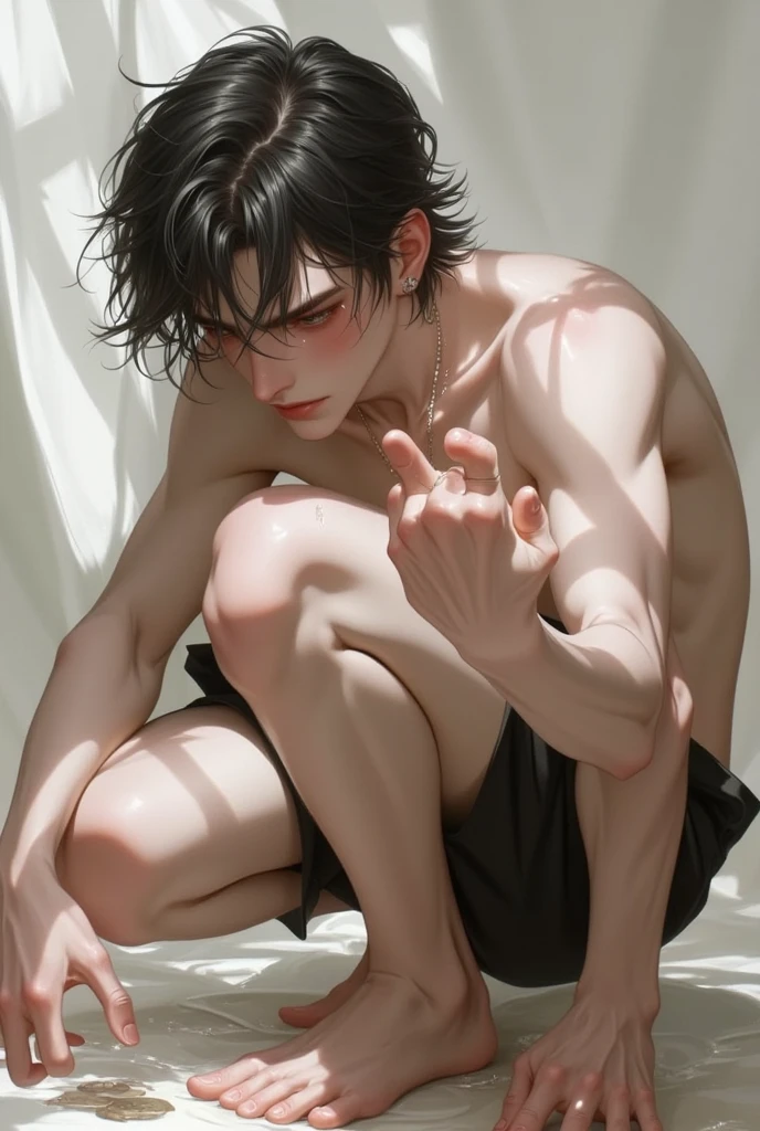 8k wallpaper, best quality, masterpiece, a boy, males only, gay, close his eyes tight, collar with chains, nude, black short hair, close haircut, torture , be hit by a bullwhip, despair, humiliated, wet, slave, punishment, blushed, (flat chested:1.2), erection