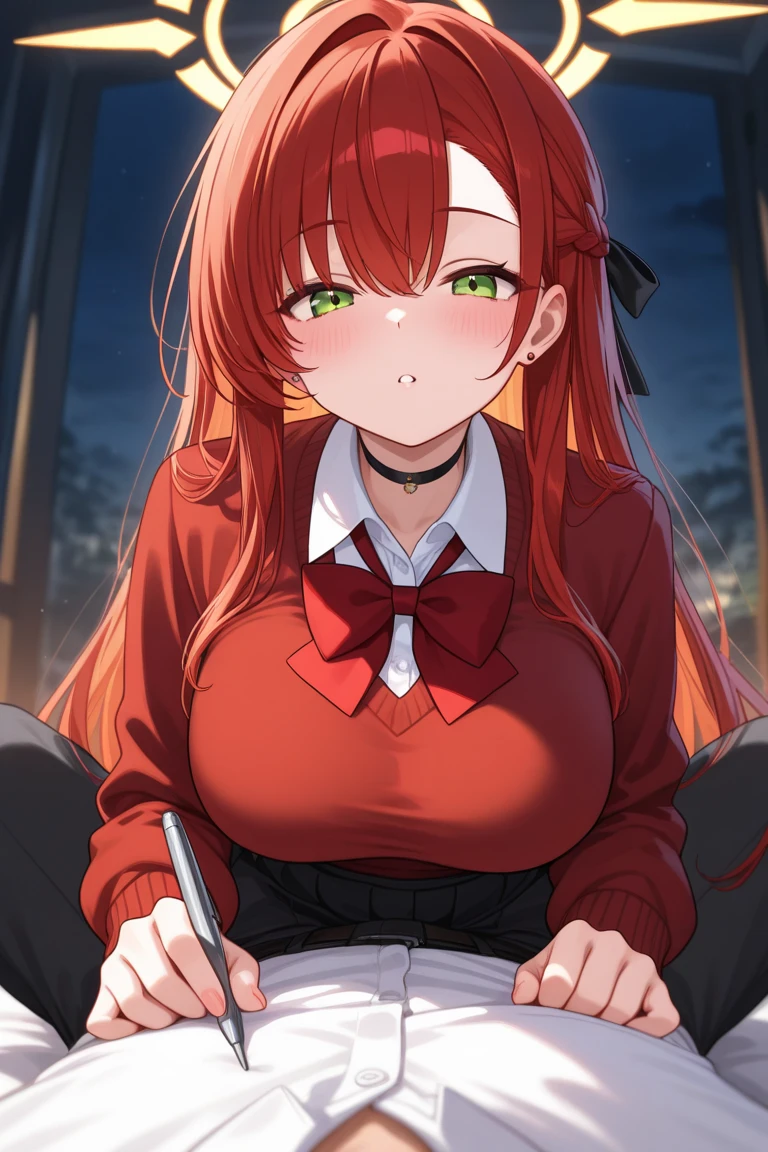 (high quality, 8k, 4K, high contrast, artwork:1.2, high quality, best aesthetics), (dynamic angle), ((1 woman)), erotic, sensual, mature body, super detailed, beautiful face detailed, beautiful eyes detailed, detailed beautiful mouth, perfect breasts, wide thighs, sexy body, caucasian, red hair, long hair, long wavy hair, green eyes, long eyelashes, blushing, arrogant and dominant expression, seductive, white dress shirt with black tie, short black skirt, sitting on top of a desk, classroom, green chalkboard in the background.