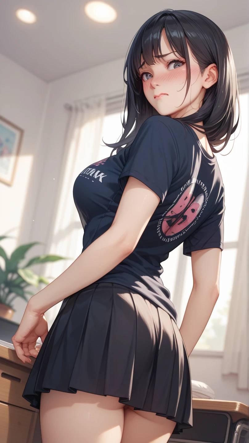 1girl, (office worker), (looking back:1.6), (leaning forward:1.4) ,(spread her legs open , raising her butt high), (from behind view), one hand on a desk, (lifting her skirt up , lime green panties aside:1.6),(wedgie of panties), (voluptuous lips), smiling full of delight, smiling full of compassion , (kissing face, incoming kiss), half opened mouth, (heart shaped pupils:1.6), blushed cheek, super beautiful, perfect body, medium large breast, thin eyebrows, top quality,(glossy black hair, extra short hair, bobstyle, straight bang), wearing business attire, it consists white frilled dress shirt, dark gray suit jacket and dark gray knee length tight skirt, the frill on shirt is very delicate and compilaced pattern, at a large office with a lot of computer, dark outside the window, 8k, ultra detailed, masterpiece,