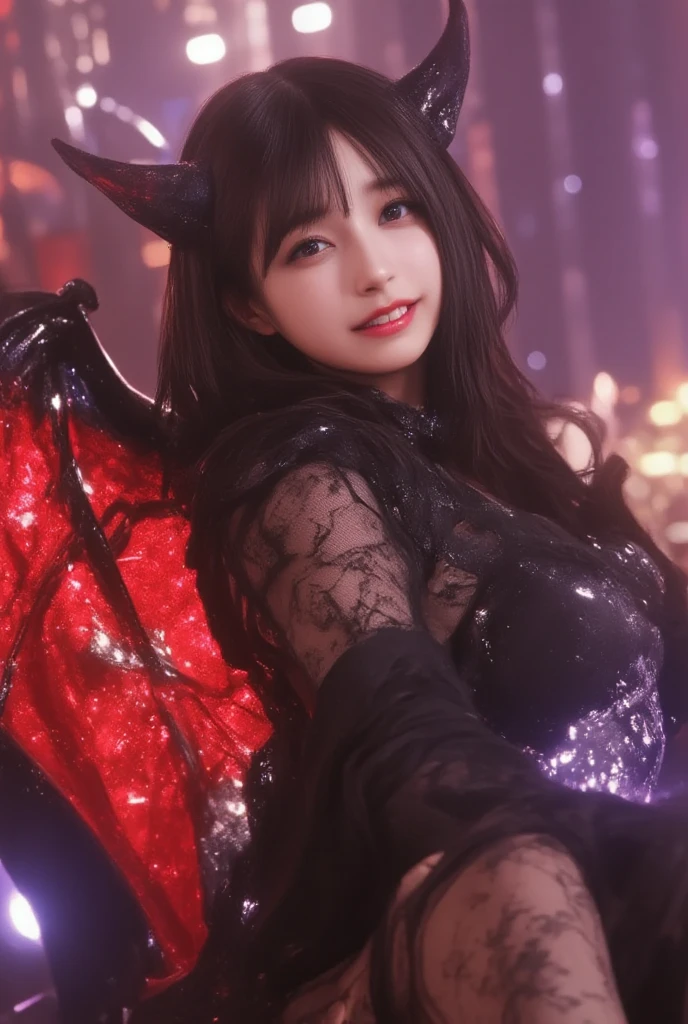 1girl, horns, breasts, solo, cleavage, looking at viewer, long hair, blue hair, wide sleeves, building, monster girl, red eyes, smile, stained glass, city, very long hair, demon girl, moon, dress, long dress,wearing a purple dress, wearing a big necklase, wear a crown