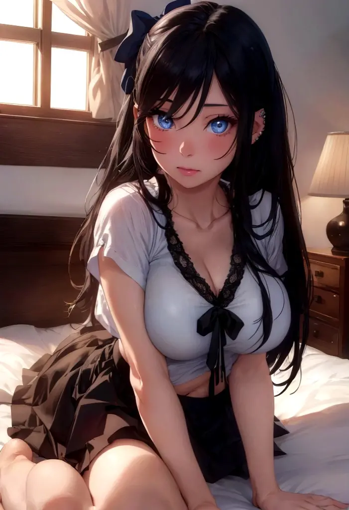 Beautiful girl, long black hair, blue eyes, adult body, In the bedroom, facing the camera, sitting on the bed, sexy pose, dress, hair bows, big ass and breasts