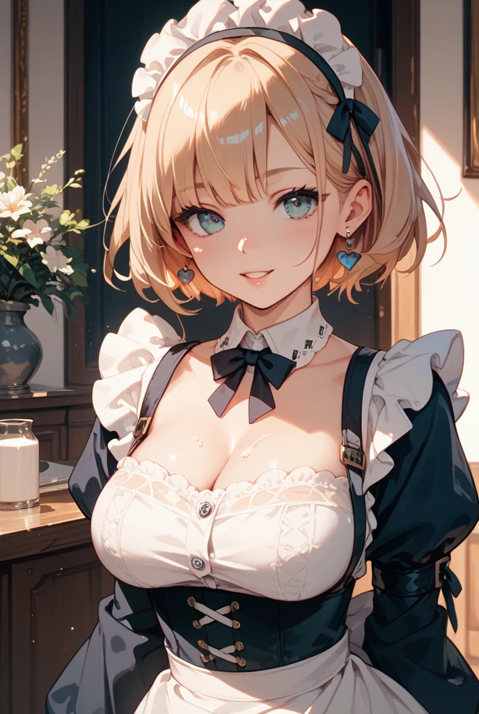 masterpiece, best quality, highres, perfect pixel, depth of field, 1girl, single, solo, beautiful anime girl, beautiful artstyle, (beautiful eyes), (detailed face), (blush), anime CG style, (medium breasts), good lighting, perfect body, lips parted, (sakura kinomoto), glossy lips, (maid), cleavage, high heels