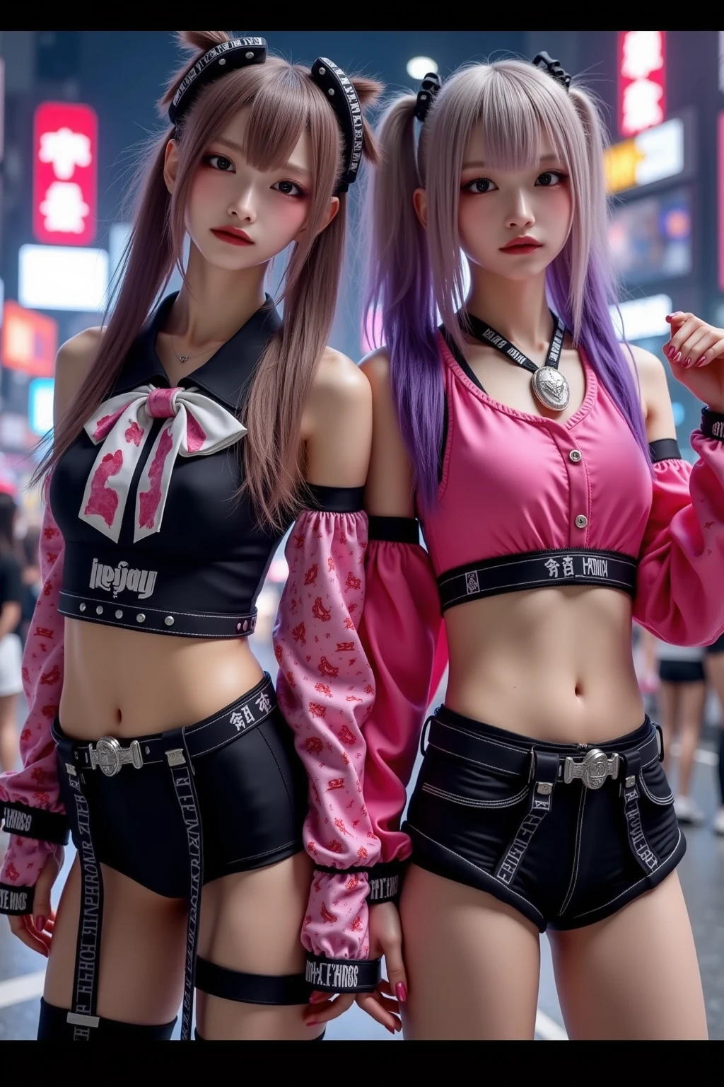 A cute and goth young girl, de cabelo rosa longo, olhos verdes brilhantes, nariz fino, queixo feminino, bochechas coradas, com um olhar fofo e bravo fazendo biquinho. Thorax of a mature adolescent, peitos grandes, uma barriga e cintura deslumbrantes que combinam perfeitamente com o resto de seu corpo sensual, atraente e fofinho. She wears only a pleated summer half skirt, harajuku, irregular punk style, asymmetrical plaid women's skirts, high waist, black skirts. She's trying to orgasm