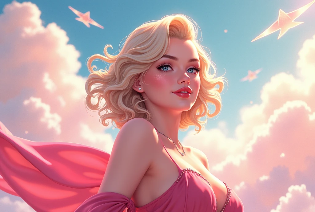 Marylin Monroe in the sky with diamonds, in the style of peter max