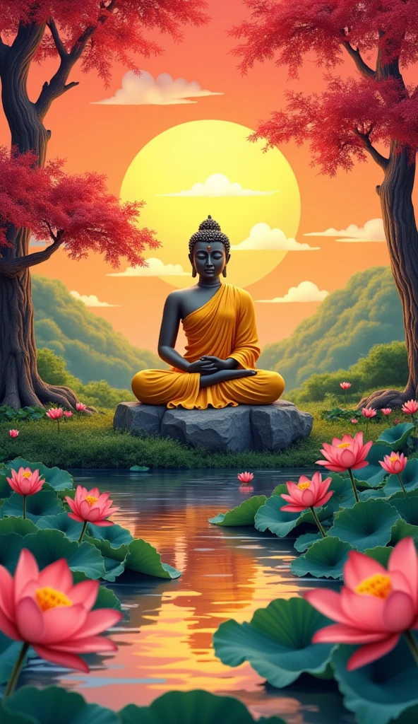 Buddha with his arms reaching up to the sky his fingers are morphing into tree branches on the tree of life. The sky is exploding with hues of red orange and yellow as the golden hour is at it's apex.